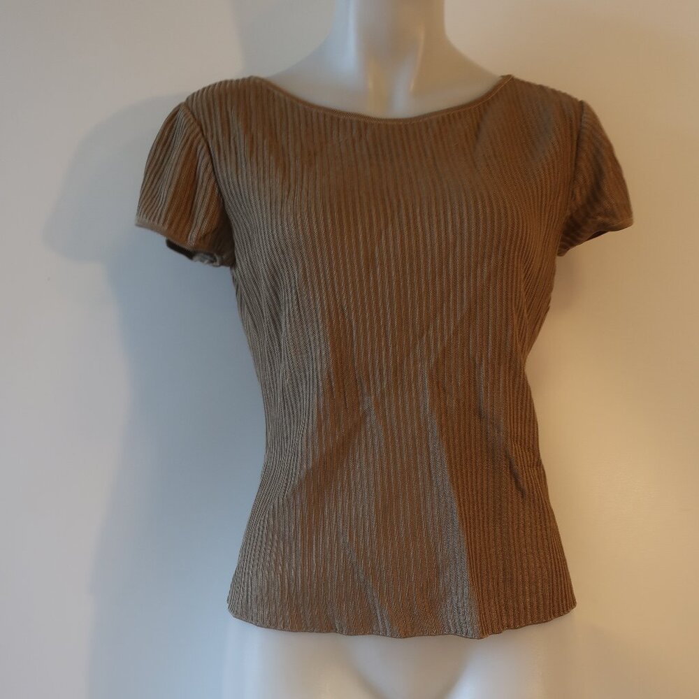 Womens St. John Brown Ribbed Short Sleeve Top Blouse L *
